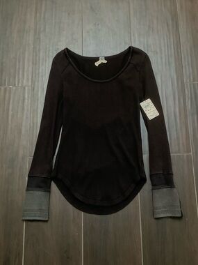 Free People Black Long-Sleeve Scoop Neck Thermal Top